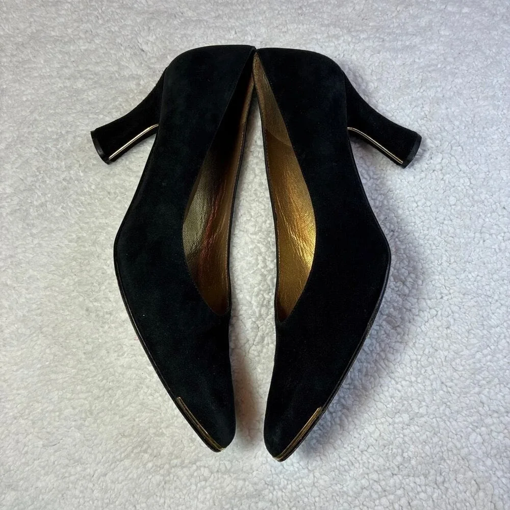 Stuart Weitzman black suede 7W heels Gold embellished‎ Elegant Quiet Luxury Glam
